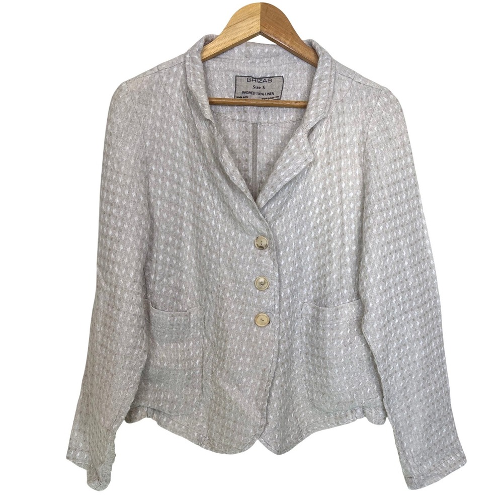 Grizas Textured Crinkle 100% Washed Linen Jacket Small Beige Lagenlook Boho
